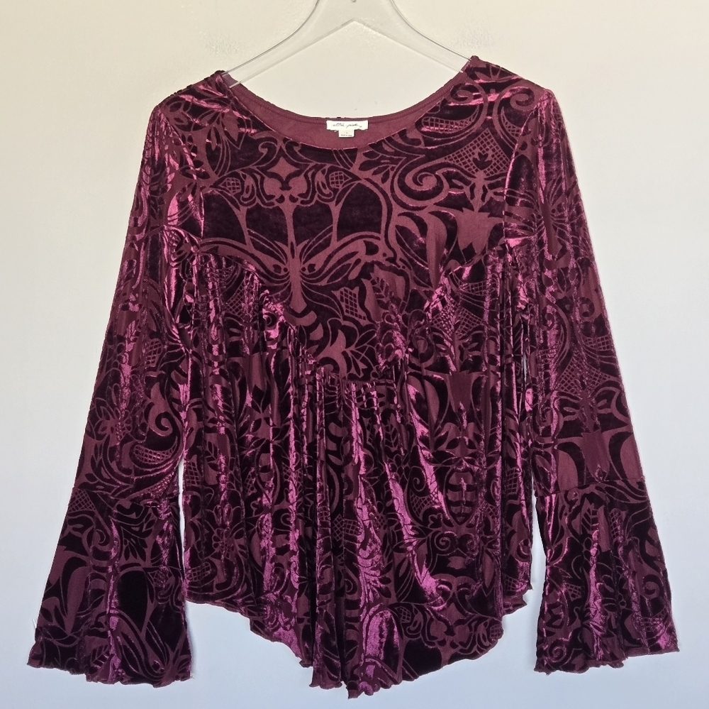 Velvet Burnout Burgundy Fairy Witchy Gothic Edgy Babydolll Flare Sleeve Top L